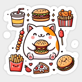 Funny Cat in Love with Fast Food, Burger, Pizza and Fries Sticker